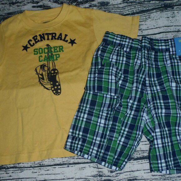 GYMBOREE Boys Size 4 Soccer Camp Plaid Adjustable Waist Shorts Shirt Outfit NWT